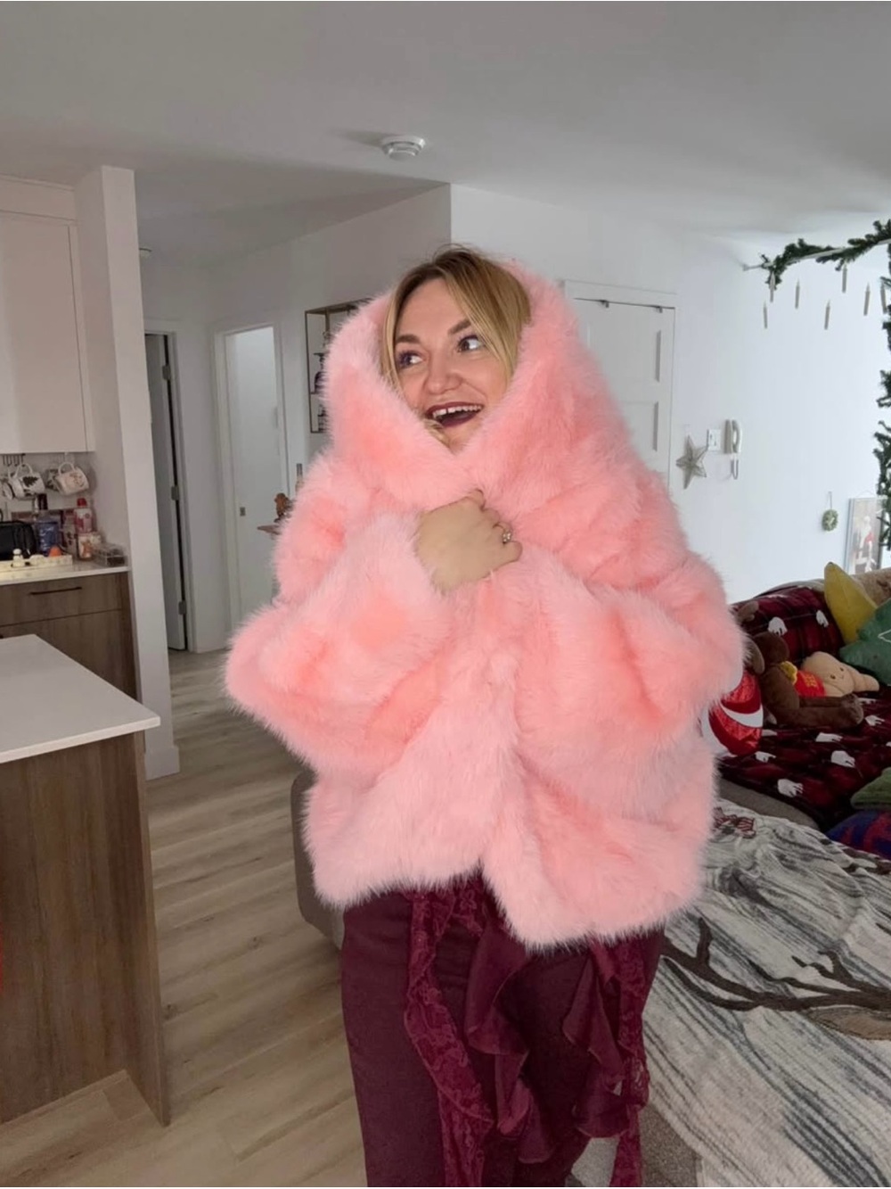 Plush Pink Faux Fur Hooded Coat